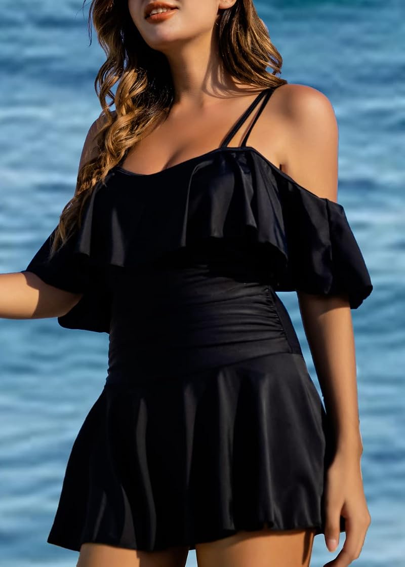 Plus Size One-Ppiece Off-Shoulder Swimsuit Dress for Women Black XX-Large – COCOPEAR