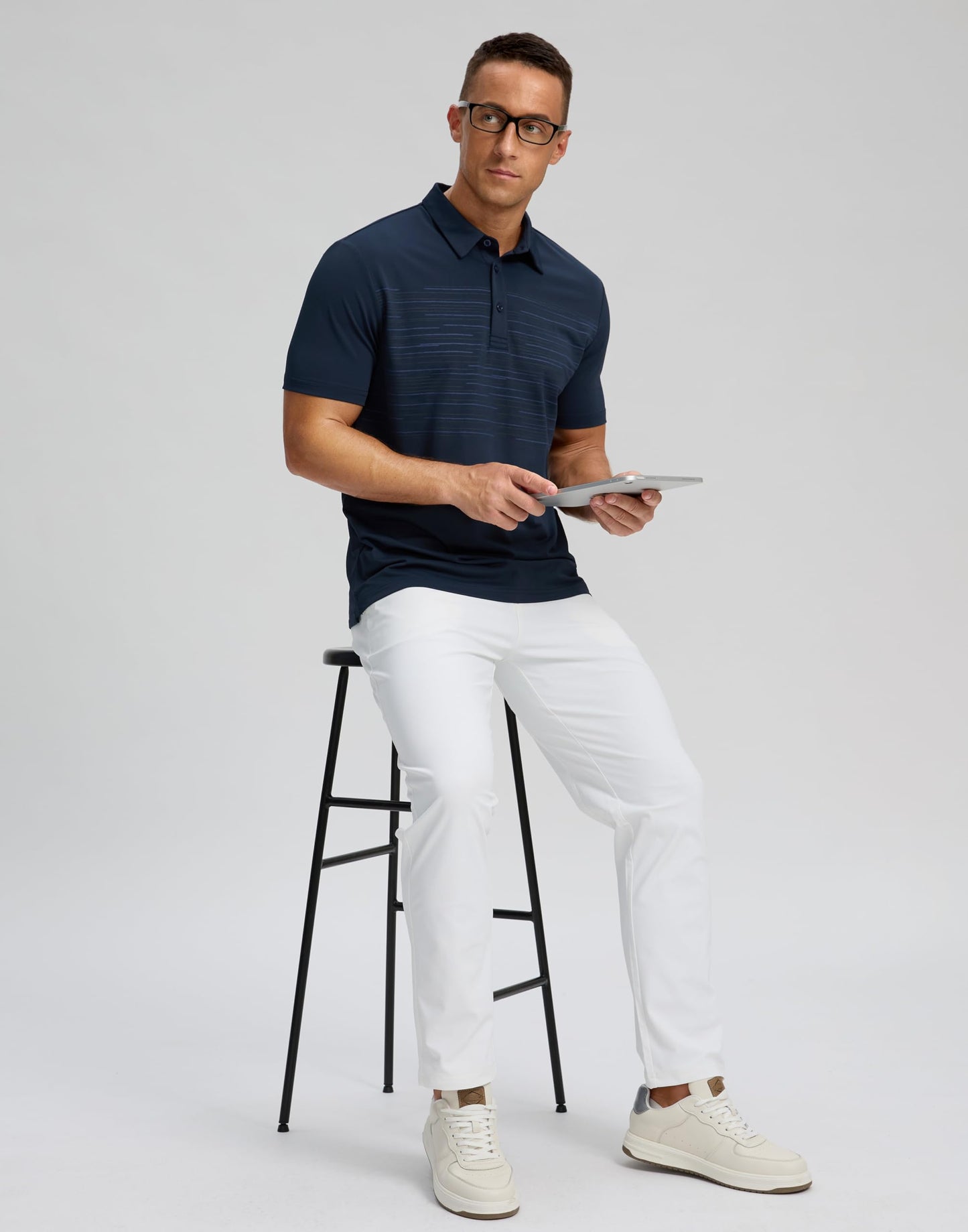 Men's Golf Shirts Dry Fit Moisture Wicking Performance Short Sleeve Collared Polo Shirts for Casual Tennis Bussiness (Navy Coloured Lines, XXXL)