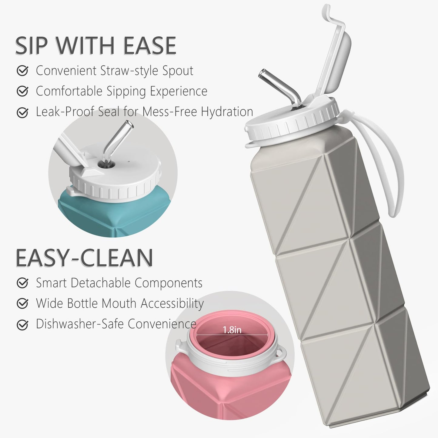 Collapsible Water Bottles 2 Pack, 21oz/610mL, Silicone Travel Water Bottle