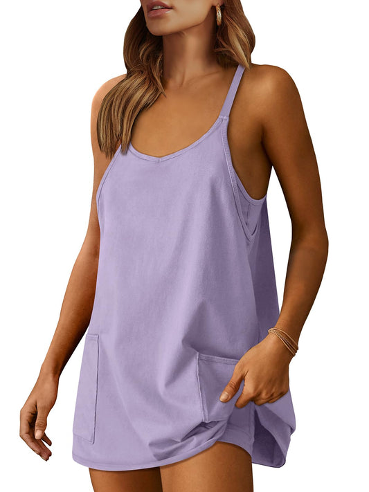 ANRABESS Women Athletic Dress Summer Tennis Workout Active Sports Mini Romper Dress Built in Shorts Travel Vacation Clothes Light Purple X-Smal
