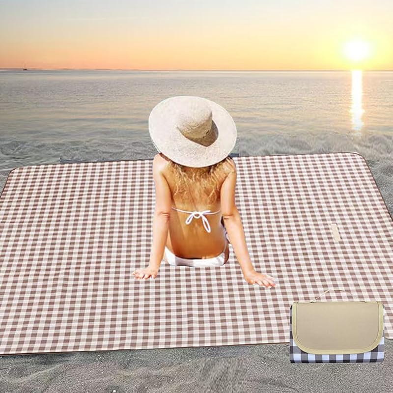 Large Beach Blanket 80x60 in Waterproof Sandproof Foldable Outdoor Picnic Blanket Brown (Variation: Brown+5' x 6'8")