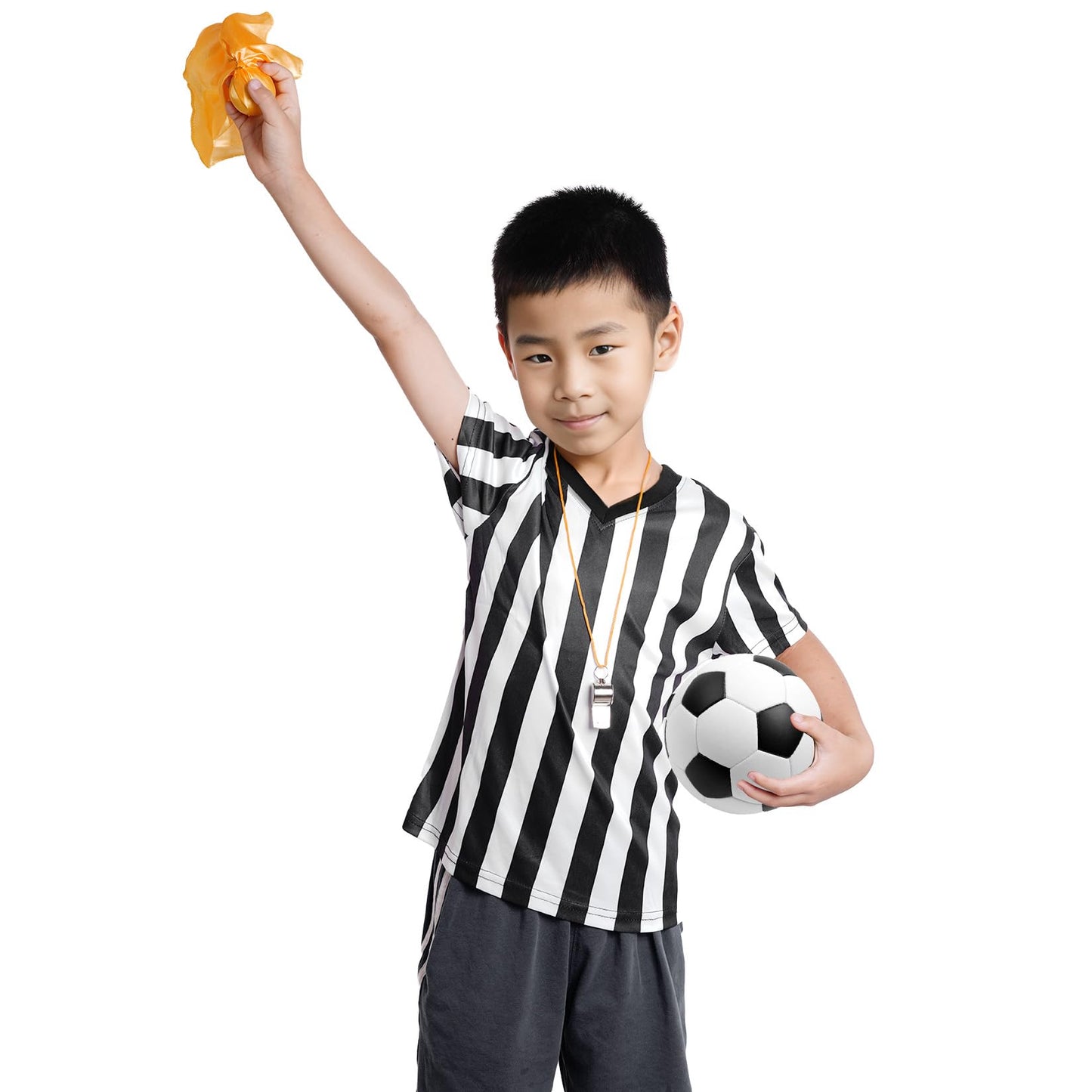 obmwang Kids Referee Shirt Costume, Black and White Stripe V Neck Referee Shirt, Yellow Penalty Flag and Stainless Steel Whistle for Soccer Basketball Football
