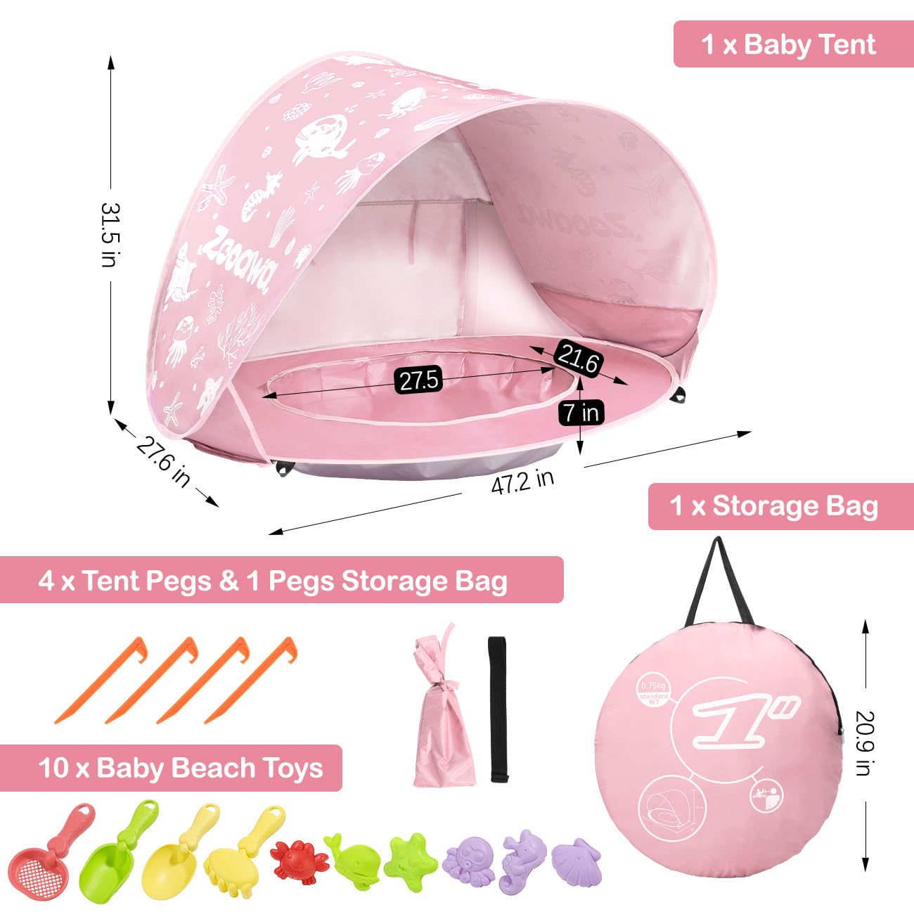 Zooawa Baby Beach Tent, Pop Up Beach Tent Sun Shade, Portable Shade Pool UV Protection Sun Shelter for Infant with Sand Toys Set, Light Pink