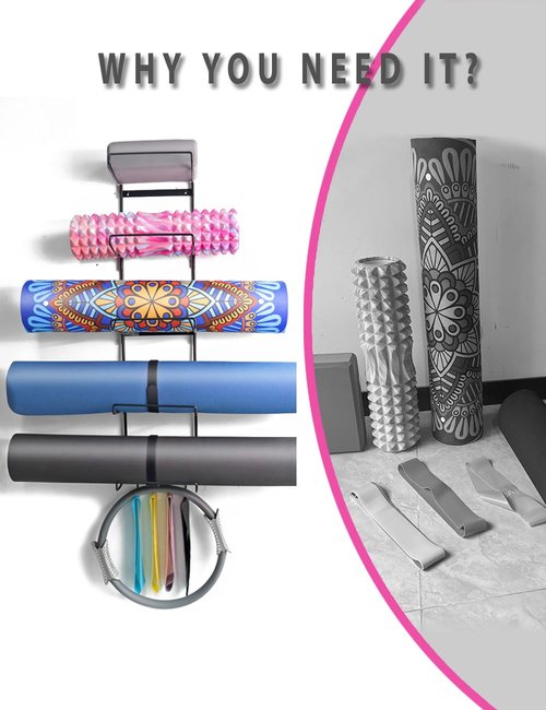 MRZZATA 5-Tiers Yoga Mat Holder Wall Mount, Metal Storage Rack for Yoga Mat/Wheels, Foam Roller and Block, Wall Rack with 4-Hooks for Hanging Stretching Strap, Resistance Bands