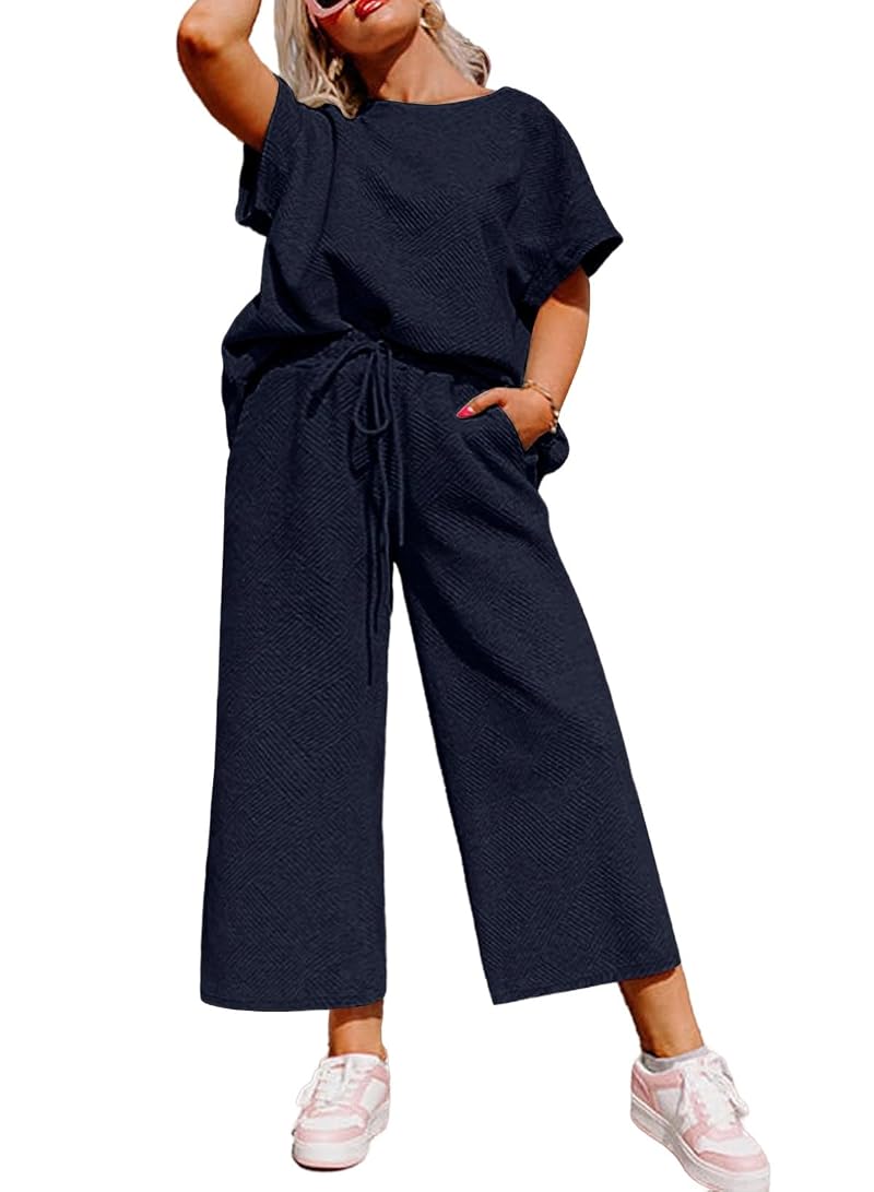 Eytino Plus Size 2-Piece Tracksuit Set Navy Blue - Short Sleeve Top, High-Waist Wide-Leg Pants (1X-5X) Variation: Navy Blue+3X