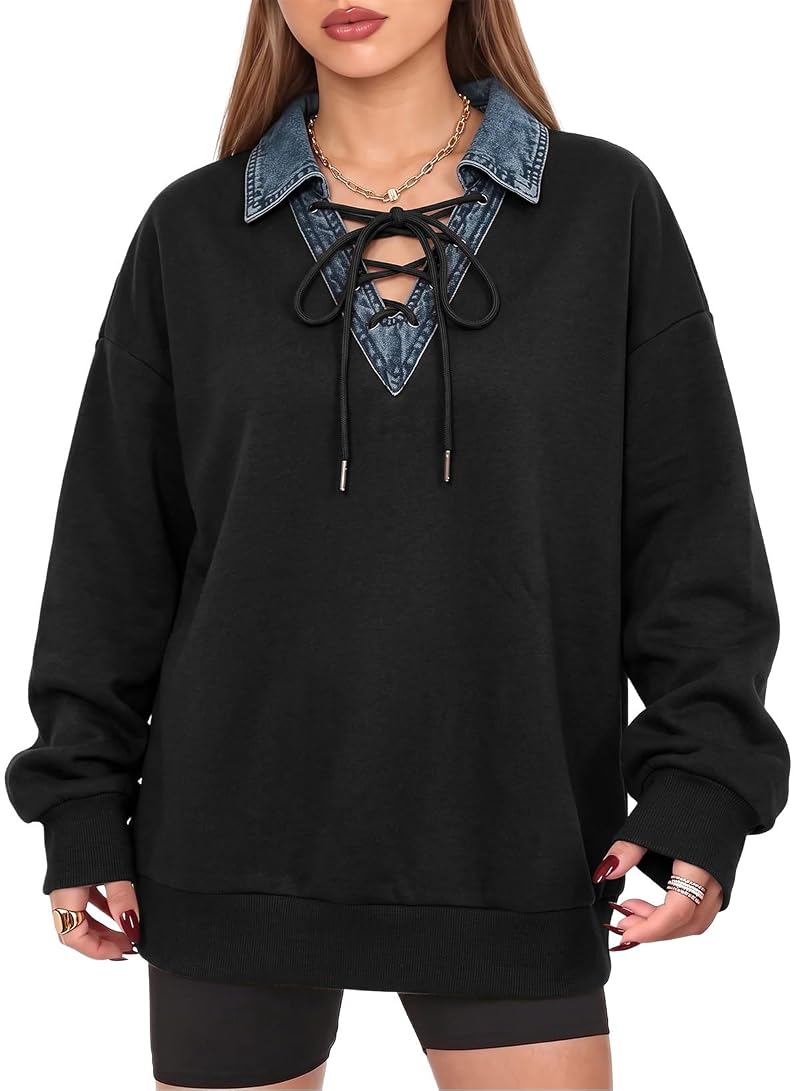 Dokotoo Oversized Denim Collar Sweatshirt for Women, Black, X-Large