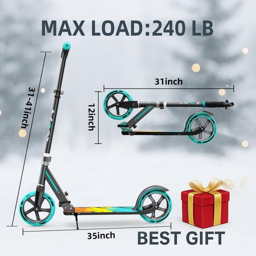 Scooter for Kids 6–12 & Adults, Foldable Kids Scooter with Big Wheels, Adjustable Height, Aluminium Frame, Holds Up to 240 LBS