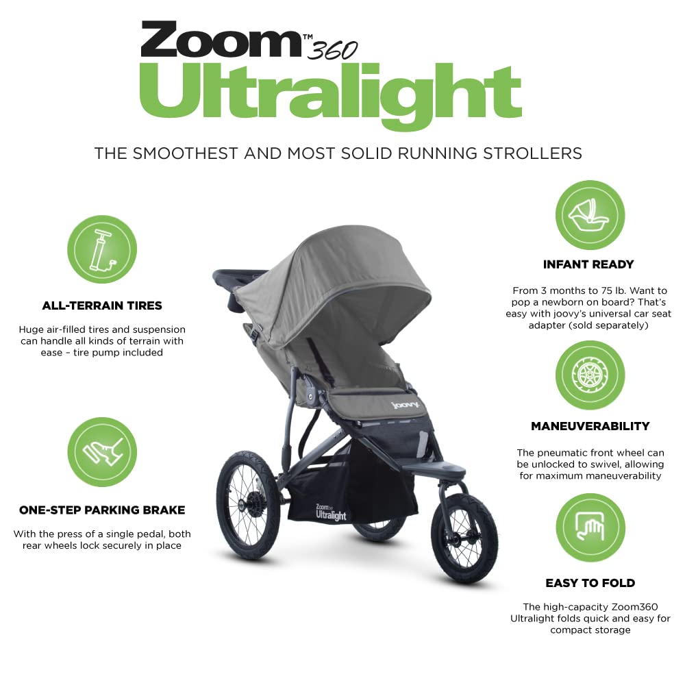 Joovy Zoom360 Ultralight Jogging Stroller Featuring High Child Seat, Shock-Absorbing Suspension, Extra-Large Air-Filled Tires, Parent Organizer, Air Pump, and Easy One-Hand Fold (Red)