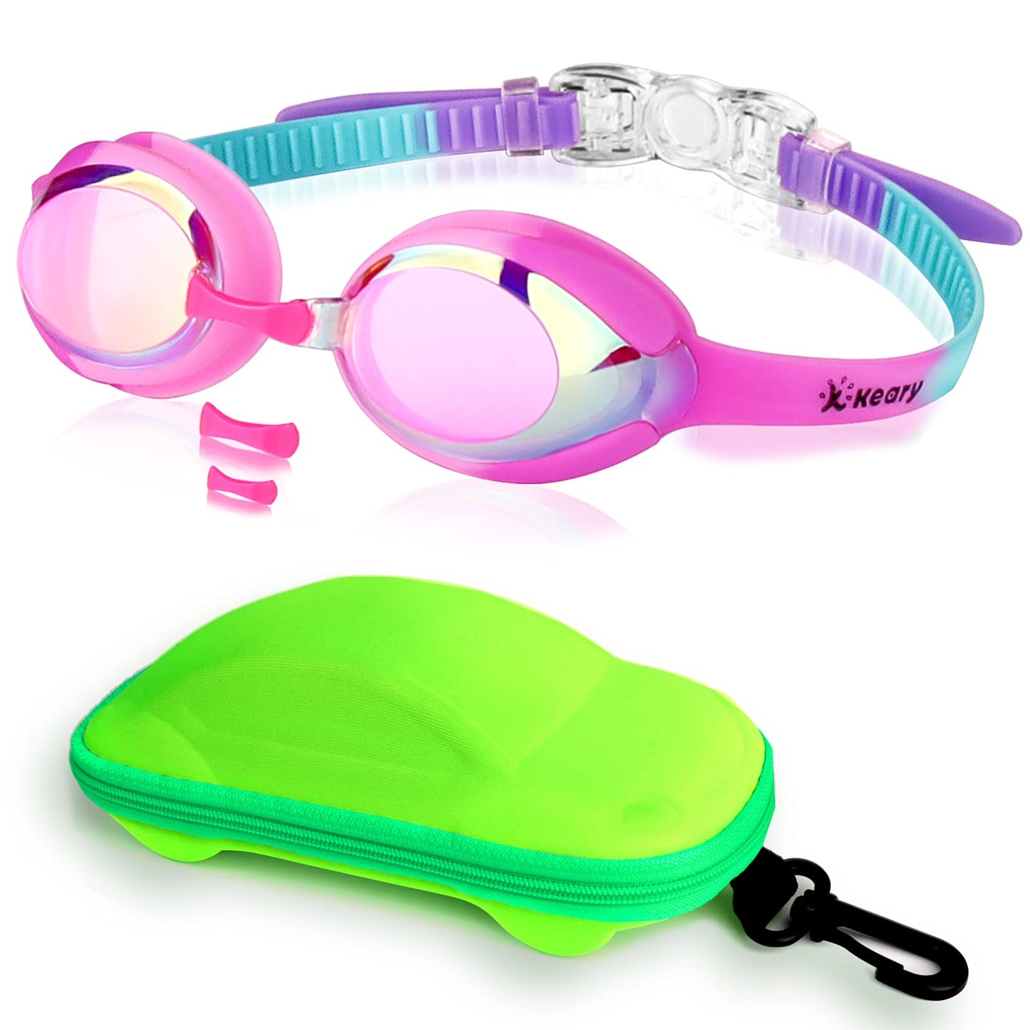 Keary Kids Swim Goggles for Toddler Children Girls Boys Youth, Anti-Fog Waterproof UV Protection Clear Vision Mirror Flat Lens, Pink Kids Goggles with 3 Nose Pieces