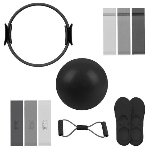 Pilates Ring Set, 14" Magic Circle, Long & Loop Resistance Bands, Soft Pilates Ball, Grip Socks,Puller, Home Workout Equipment for Women & Beginners to Tone, Flexibility & Core Strength (Black)