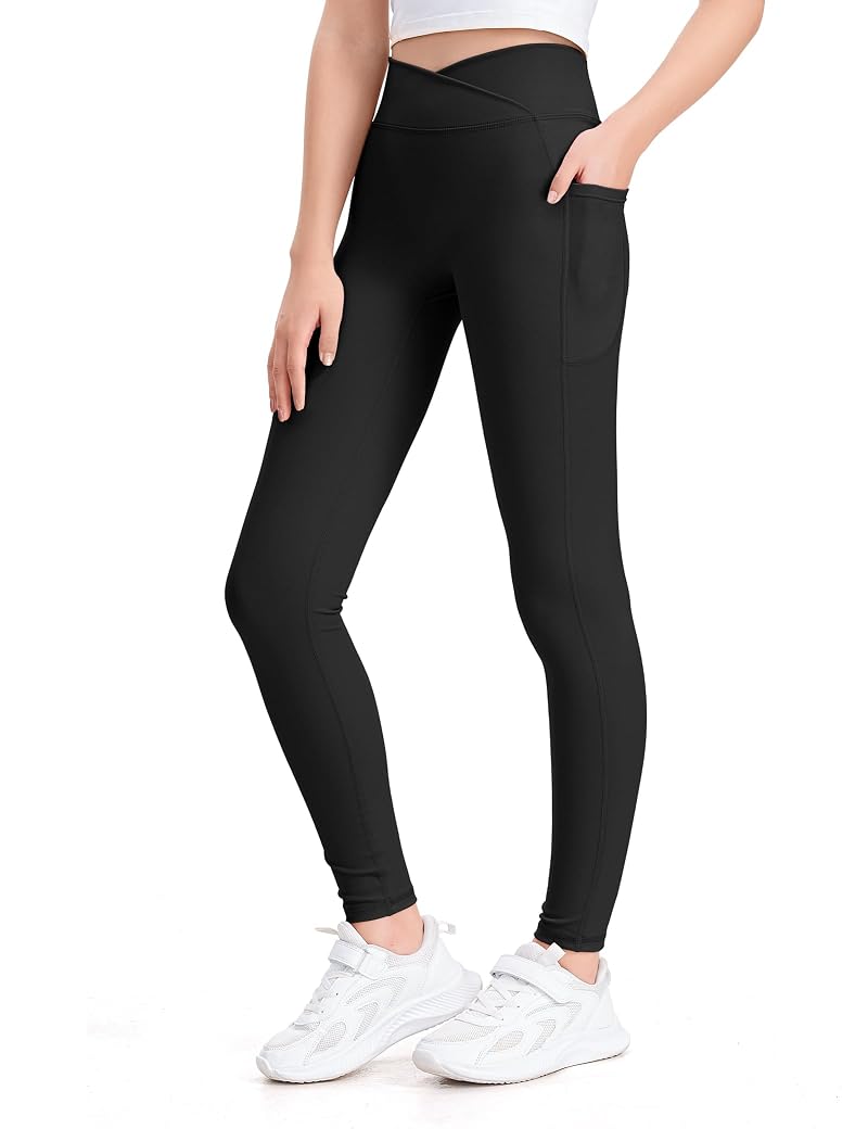 High Waist Girls Athletic Leggings with Pockets - Black, 11-12 Years