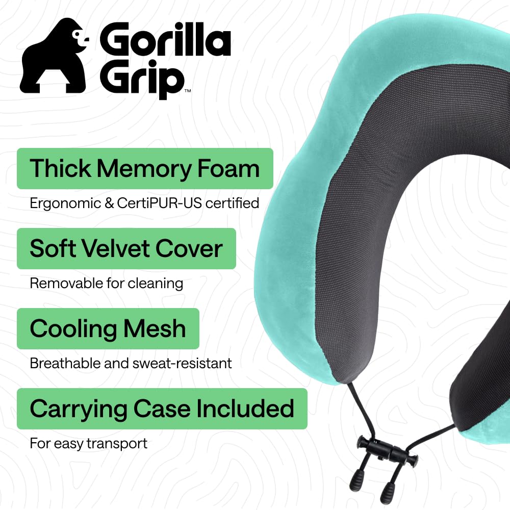 GORILLA GRIP Adjustable Travel Neck Pillow for Airplanes, CertiPUR-US® Memory Foam, Soft Velvet, Cooling Mesh Pillows, Support Headrest for Sleeping, Traveling Essentials, Flight Accessories Turquoise