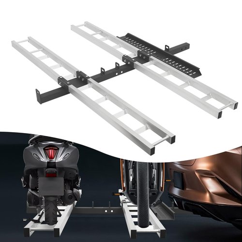 ‌Heavy-Duty Aluminum Motorcycle Hitch Carrier for Dirt Bikes 600LBS/272kg with Anti-Slip Strap&Ramp Compatibility