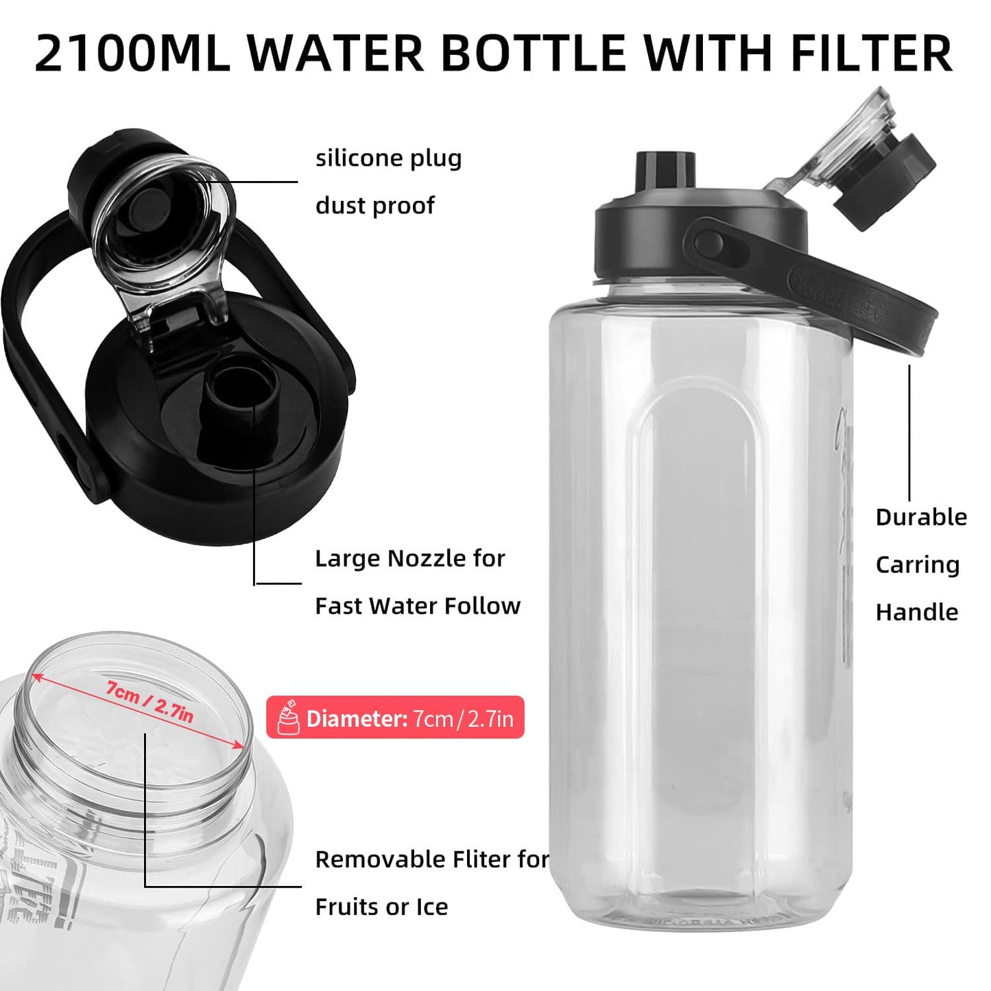 Olerd Half Gallon/64oz Water Bottle With Handle, Leak proof with removable strainer, BPA Free Fitness 2L Sports Water Jug, ensure You Drink Enough Water Daily for Gym and Outdoor Sports(Grey)