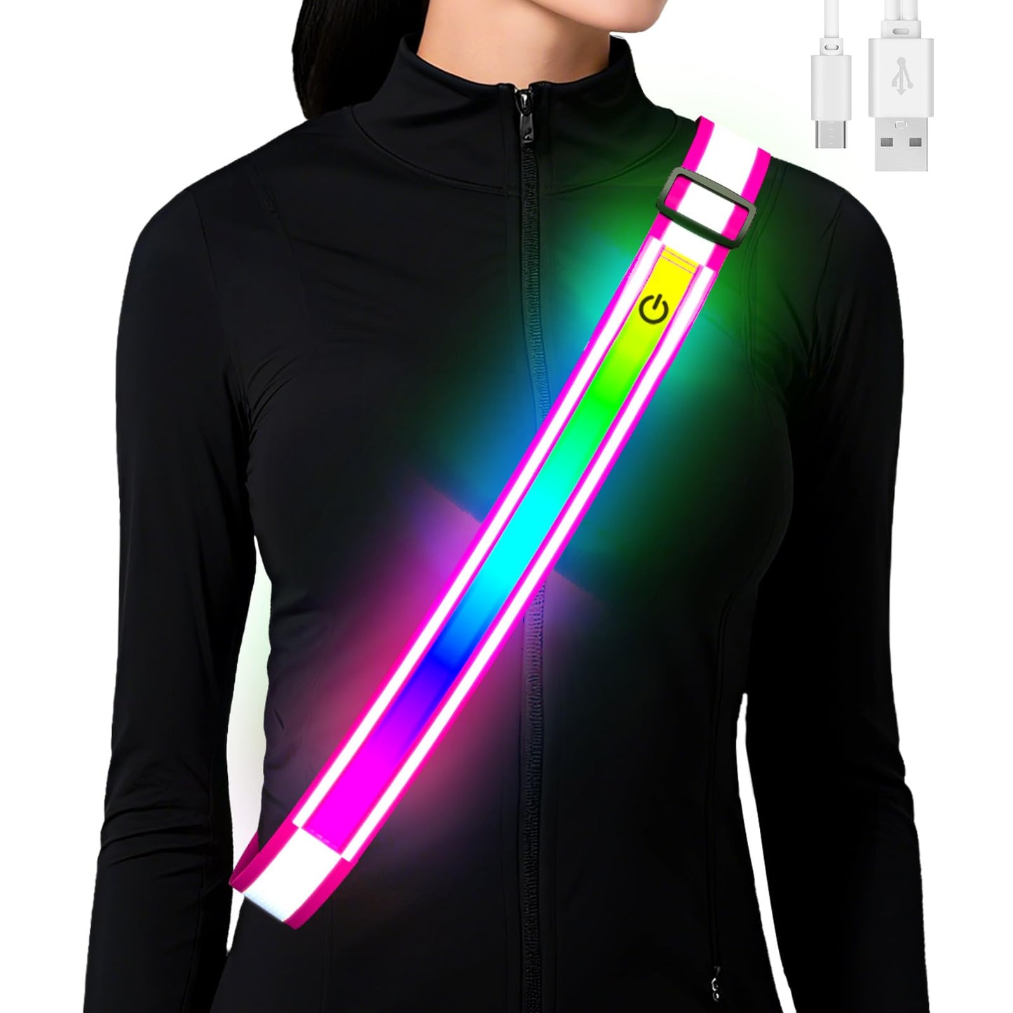 Reflective Sash Gear for Walking at Night,Flashing LED Reflective Belt Safety Lights for Walkers Night Dog Walking Biking Running,High Visibility Rechargeable With Wear 2 Ways for Men Women (Pink)
