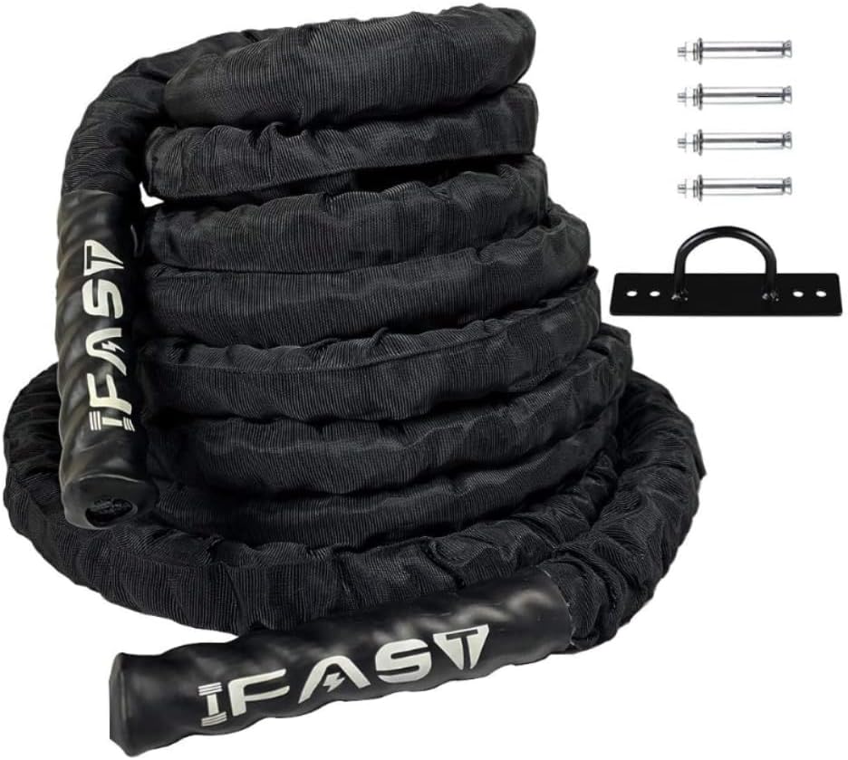 IFAST Battle Exercise Rope with Protective Cover 30ft Length Heavy Dacron Workout Training Ropes for Home Body Building Muscle (1.5 inch Diameter x 30 ft Length)