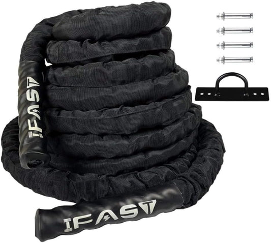 IFAST Battle Exercise Rope with Protective Cover 30ft Length Heavy Dacron Workout Training Ropes for Home Body Building Muscle (1.5 inch Diameter x 30 ft Length)