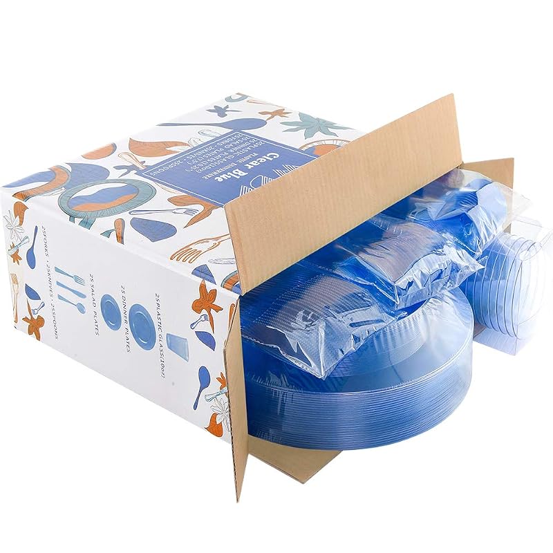 Blue Party Dinnerware Set 25 Plates, 25 Salad Plates, 25 Forks, Knives, Spoons & 150 Cups – Disposable Plastic