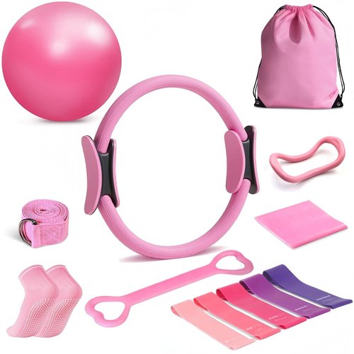 Yuheybe Pilates Ring Essentials Kit for Women，Home Pilates Kit with 9.8” Pilates Balls, Resistance Bands, Yoga Socks, Magic Circle, Carrying Bag, 13-Piece Home Workout Set