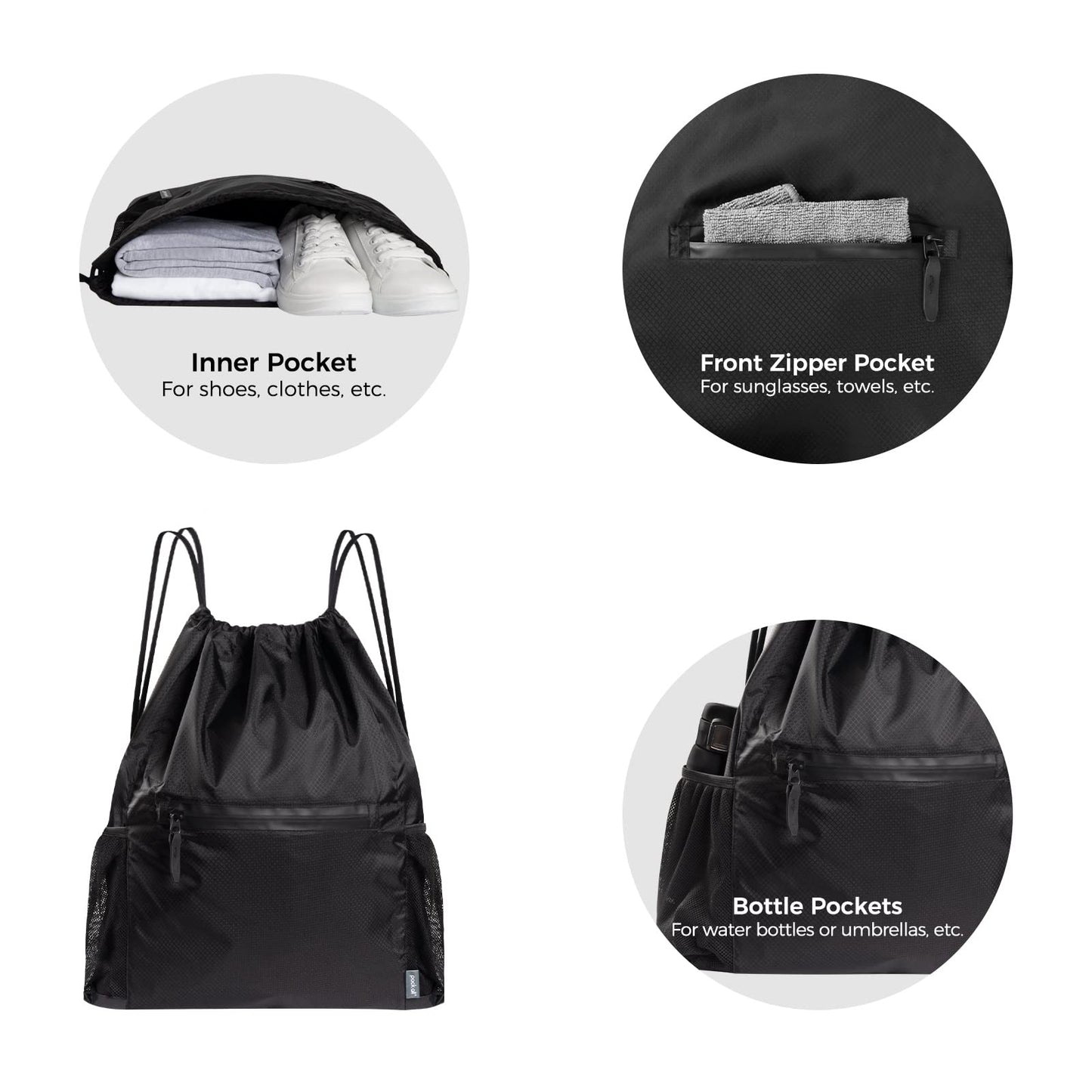 pack all Drawstring Bag Backpack, Water-Resistant Sports Gym Sack Bag, Lightweight Training String Bag with Waterproof Zipper Pocket and Water Bottle Holder(Black)