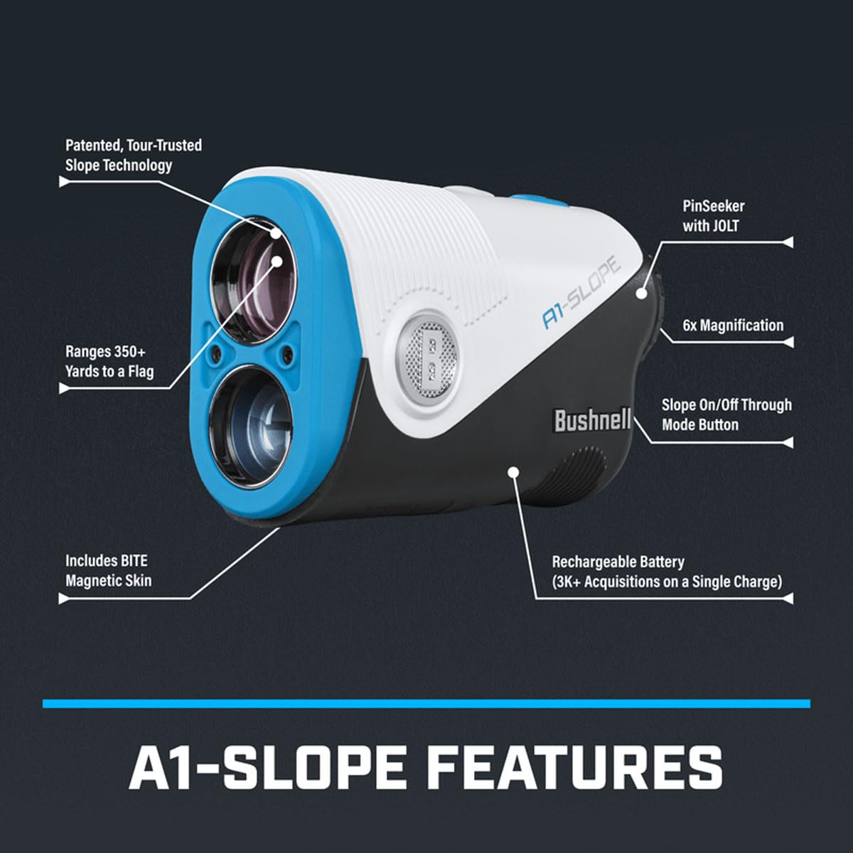 Bushnell Golf A1-Slope Ultra-Compact Laser Rangefinder | Slope Compensation, Magnetic Skin, PinSeeker, 6X Magnification, 1300 Yard Range, LCD Display, Signature Series Power Bundle
