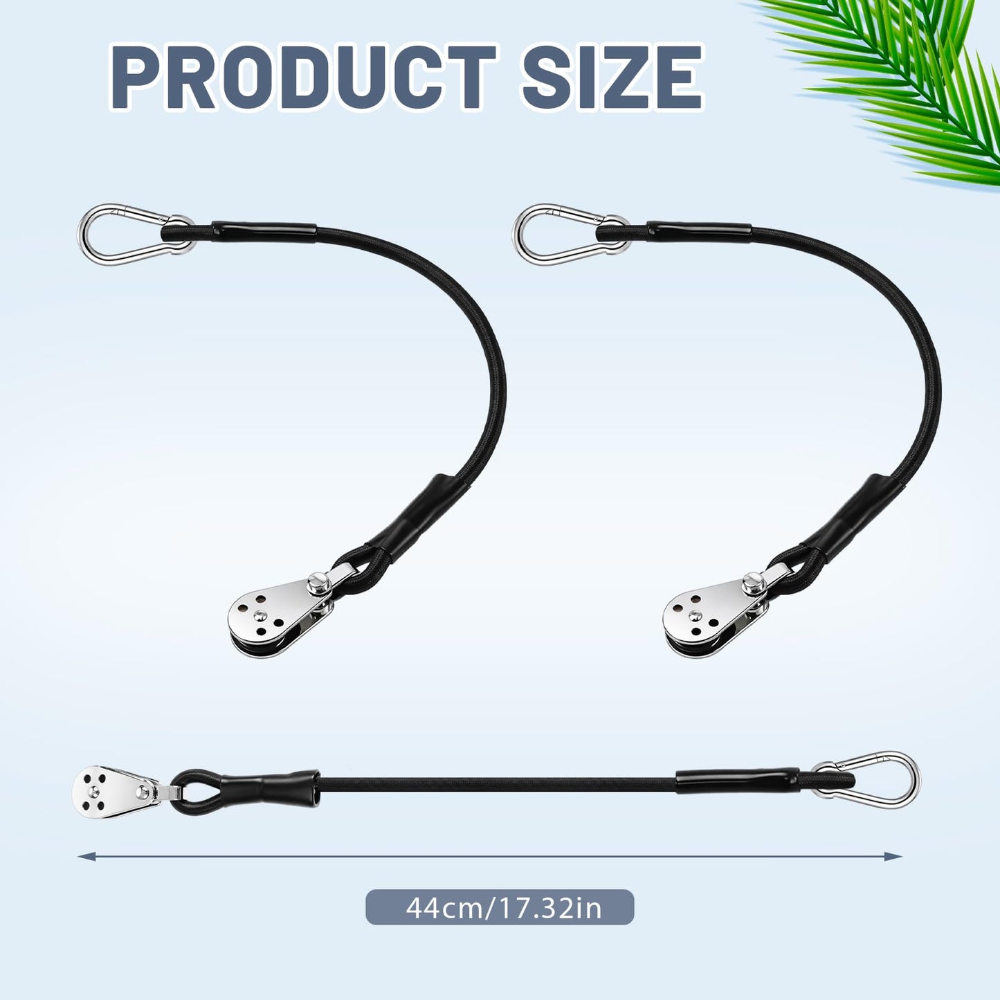 Yoojahow 2 Pcs Shock Cord with Stainless Steel Pulley 12", and Thick Nylon Rope, Outrigger Halyard Line Lock Pulley for Offshore Fishing, Ready to Install, Black