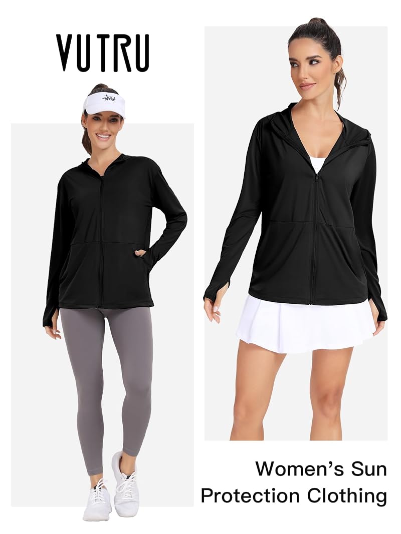 Womens UPF 50+ Sun Protection Hoodie Jacket Long Sleeve Sun Shirt - Hood Black Large