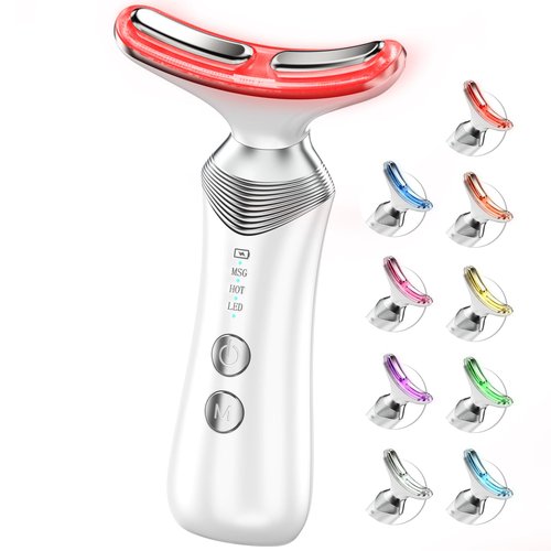 Dopsikn 9-in-1 Red-Light-Therapy-for-Face-and-Neck, Portable Facial Massager Tool with Adjustable Vibration & Thermals for Wrinkles, Double Chin, White