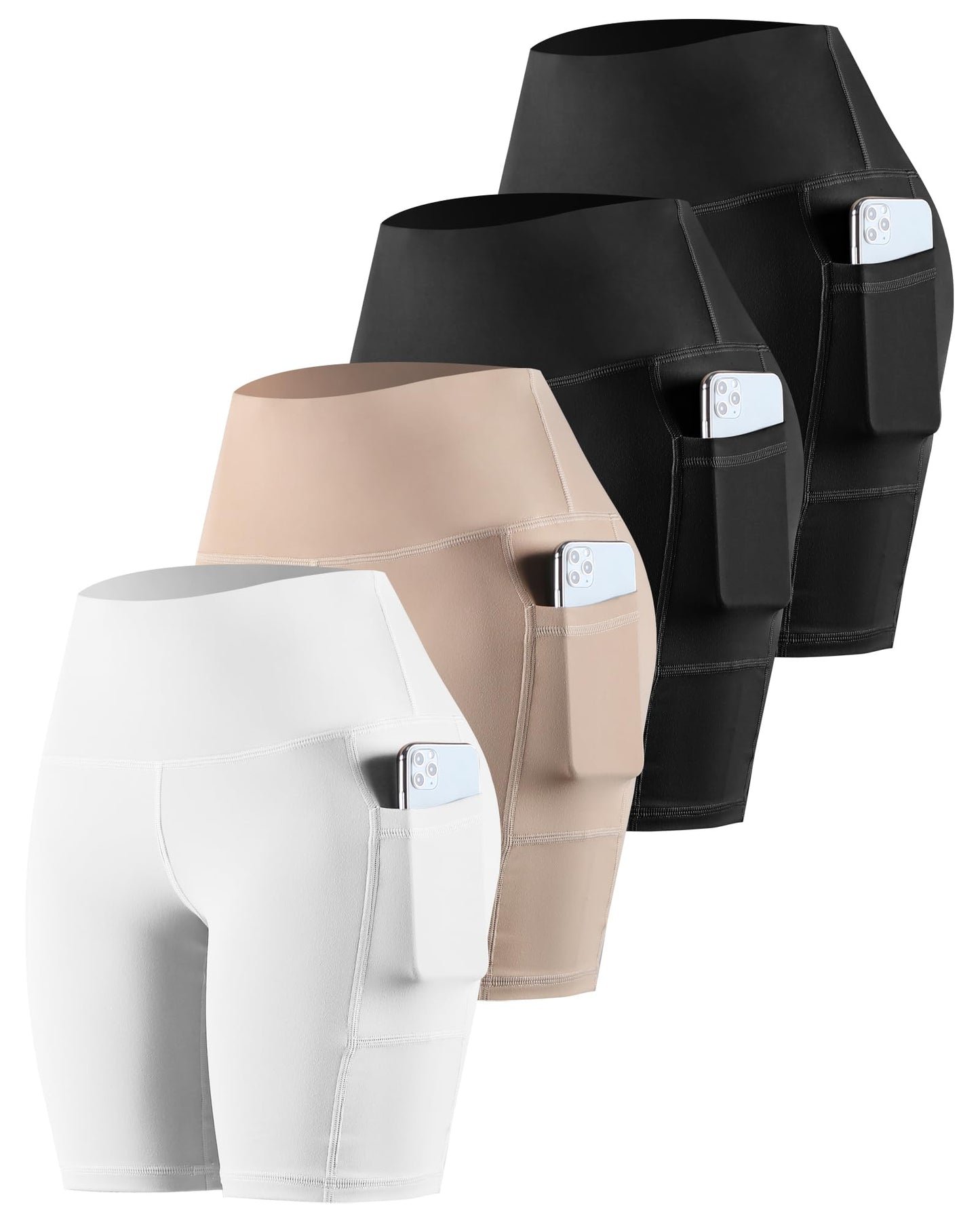 Womens Biker Yoga Shorts with Pockets: High Waisted Tummy Control Spandex Workout Athletic Gym Shorts 4 Packs(3'' 2Black,Skin,White, XL)
