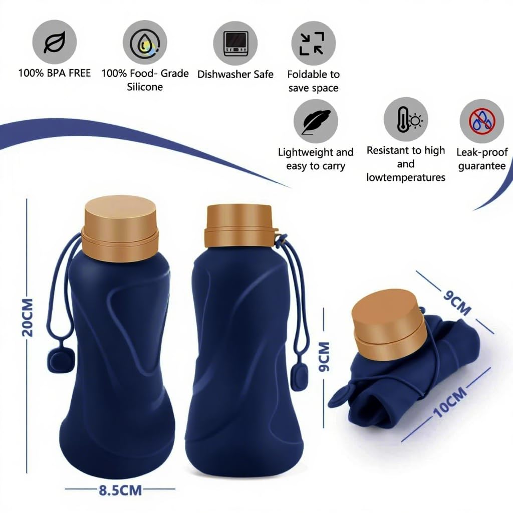 Collapsible Water Bottles,650ml,Leak Proof,Reuseable BPA Free Silicone Foldable Water Bottles,Durable Lightweight for Travel Gym Camping Hiking,Compact Size Portable Sports Water Bottle (Deep Blue)