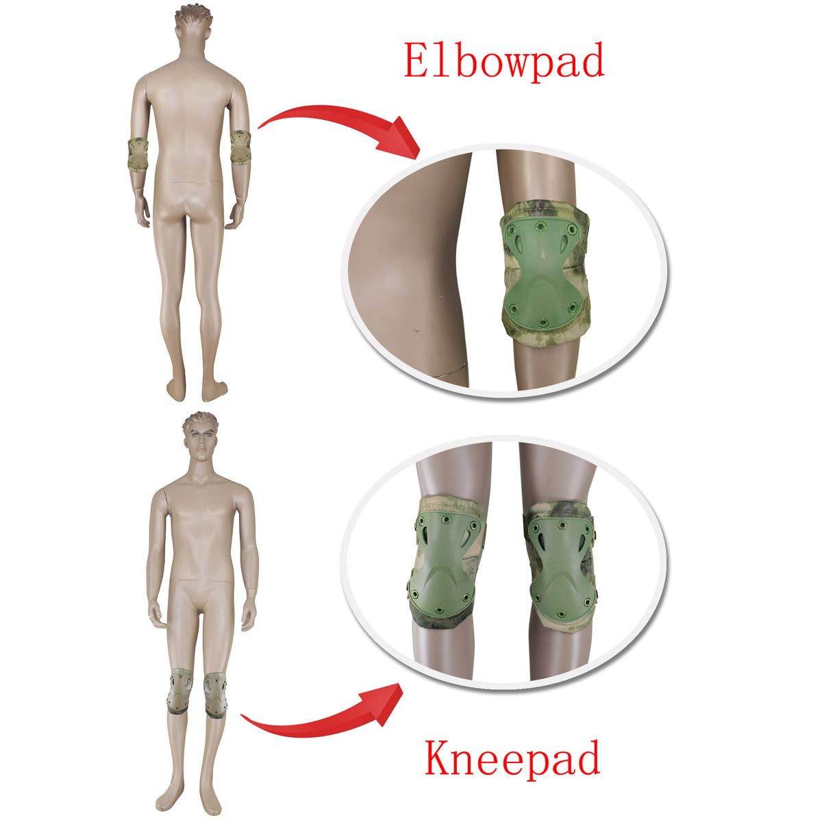 Tactical Combat Knee & Elbow Protective Pads Set for Outdoor CS Paintball Game Cycling Safety Skateboarding Gear Skates Knee Protection Guard Pads (FG)