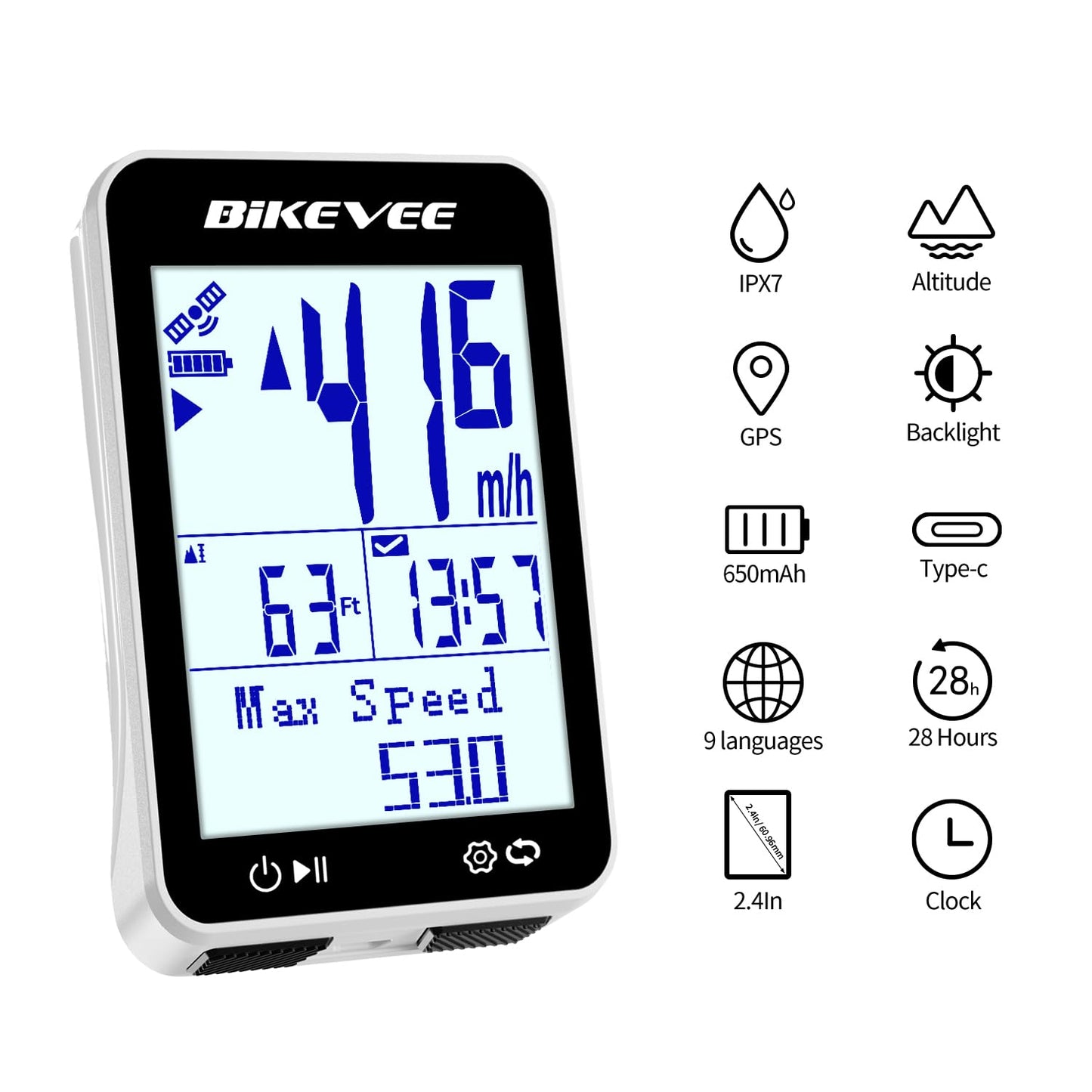 Bikevee GPS Bike Computer Wireless Bicycle Speedometer Odometer 9 Languages Auto Backlight Auto Start Stop IPX7 Waterproof 2.4 Inch LCD with Out Front Mount Supports MPH KMH - White