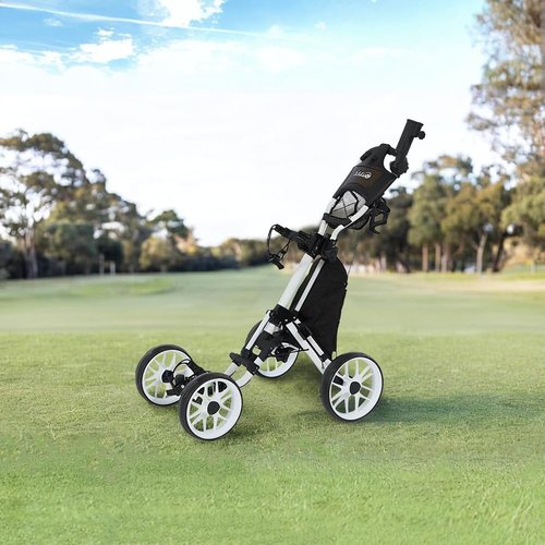 Louis Donne Premium 4-Wheel Golf Cart 1 Click-Folding Golf Trolley Compact Pull Caddy Cart Durable and Mobile Lightweight carring Cart Bags Includes Ice Bag gorf Course resoorts Neighborhood use