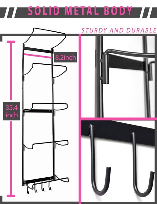 MRZZATA 5-Tiers Yoga Mat Holder Wall Mount, Metal Storage Rack for Yoga Mat/Wheels, Foam Roller and Block, Wall Rack with 4-Hooks for Hanging Stretching Strap, Resistance Bands