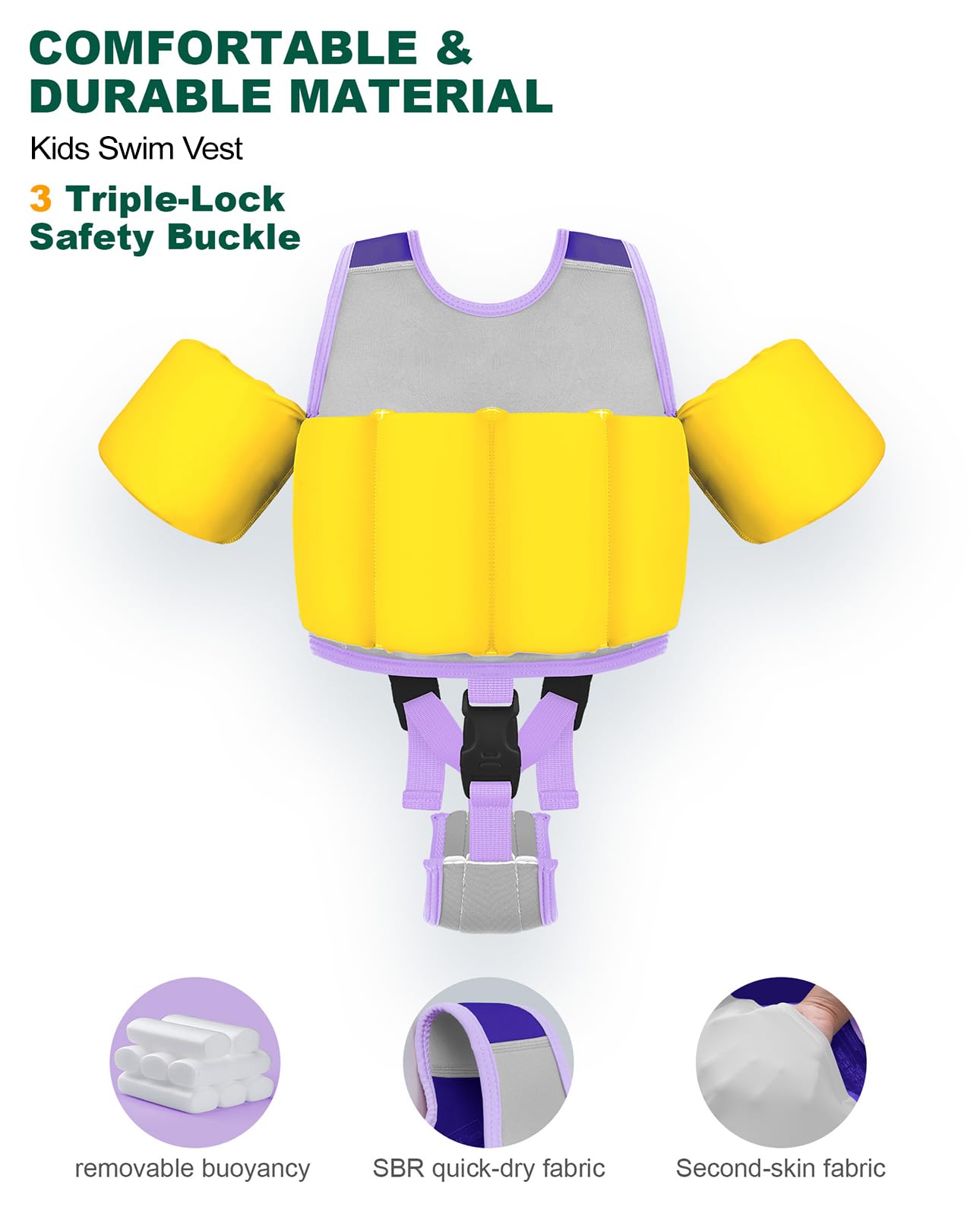 AEOCOO Kids Pool Floaties 1-2-3-5-7-9 Years Old, Toddler Swim Vest 20-30-50-70 Pounds, Comfortable Extended Wear Kids Float Jacket with Crotch Strap, Bright Design and Unpadded Sides, Purple