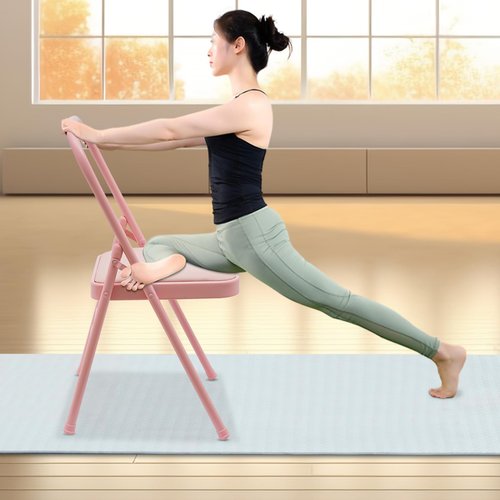 Yoga Auxiliary Chair with Lumbar Back Support, Foldable Balance Handstand Training Tool Yoga Equipment, Abs & Core Strength Training Inversion Equipment Yoga Practice Balance Chair for Adults (Pink)