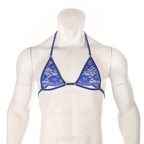 Men's Sissy Halter Strappy Bra Lace Sheer Crossdressing Bralette See Through Cage Tops Underwear Lingerie (Blue 1,X-Large)