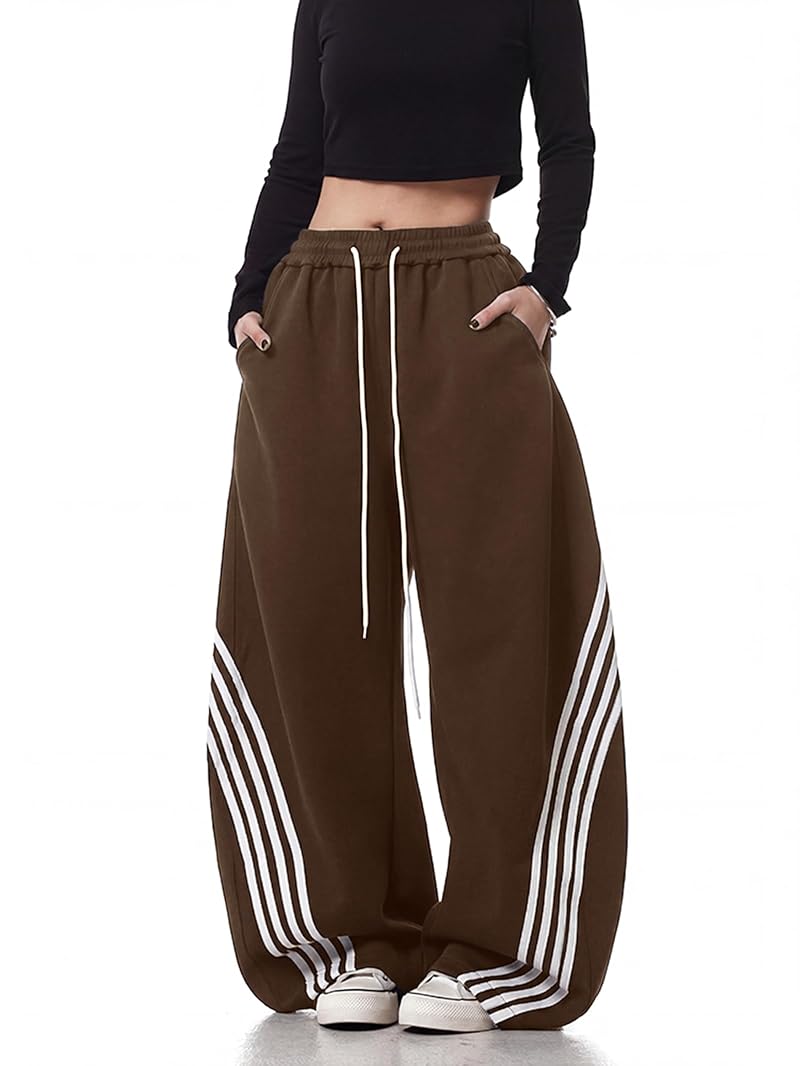 Emmiol Women’s Y2K Baggy Stripe Sweatpants - High Waist Wide Leg, Brown XX-Large