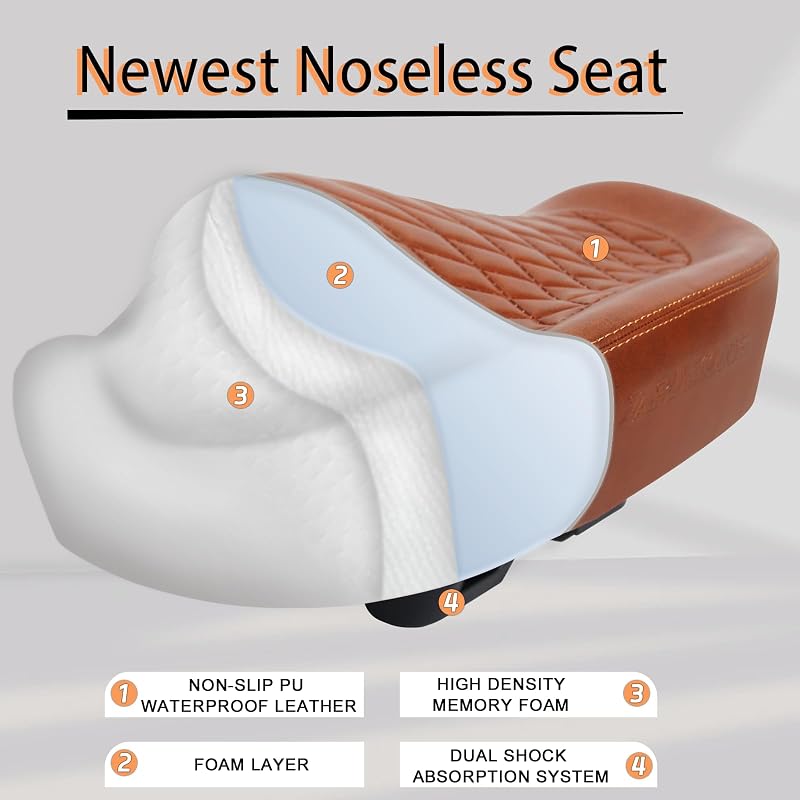 Noseless Oversized Bike Seat 9.44x13in for Men Women - PU Foam Cushion for Peloton & E-Bikes (Brown, 13L-9.4W)