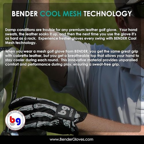 Bender Gloves - Men's Golf Glove, Durable Mesh Material, Unique Golf Gloves Men Right Handed Golfer (Wear On Left)