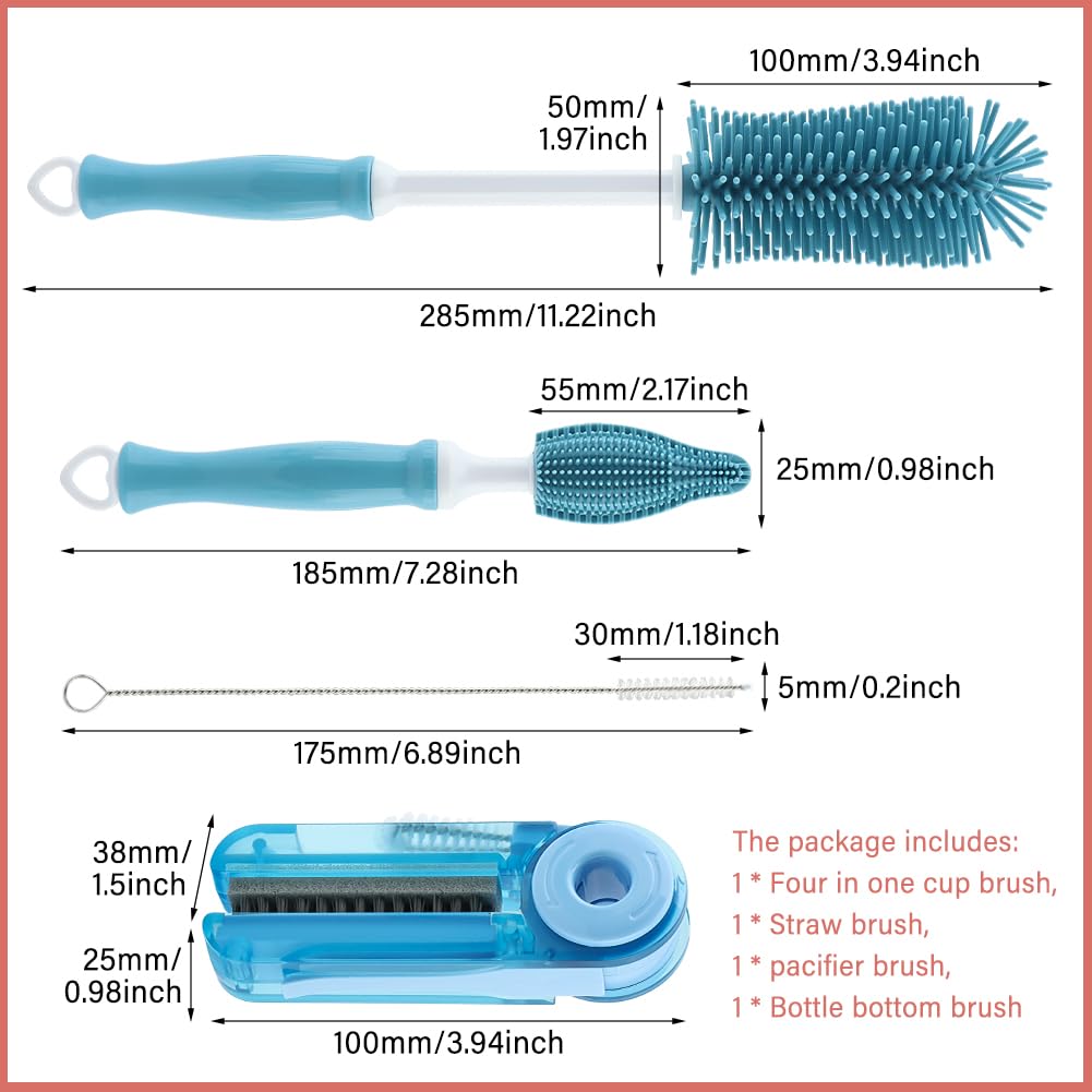 4pcs Silicone Bottle Brush Set,4 in 1 11" Silicone Brush,Nipple Brush,Straw Brush,Bottle Gap Cleaner Brush,for Milk Bottles,Sports Bottle,and Smaller Diameter Bottle Openings