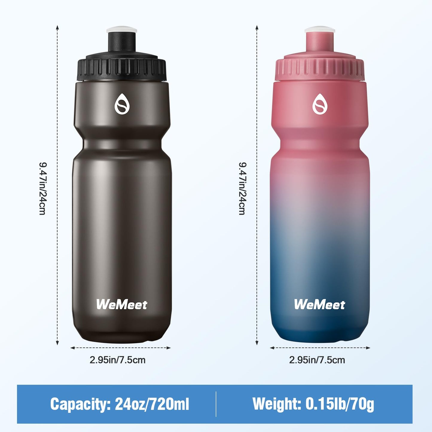 WEMEET Mountain Bike Water Bottle 2-Pack, Sport Squeeze Bottle with Capacity Scale, LeakProof, BPA Free, for Cycling, Gym, Outdoors (Black & Red Blue, 24oz)