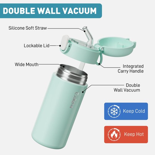 Exllena 10oz Small Insulated Water Bottle with One-Touch Soft Straw Lid, Double-Wall Vacuum Small Travel Water Bottle for Cold&Hot Drinks–Leak-Proof, Mini Flask for Handbag, Yoga, Sport(Mint)