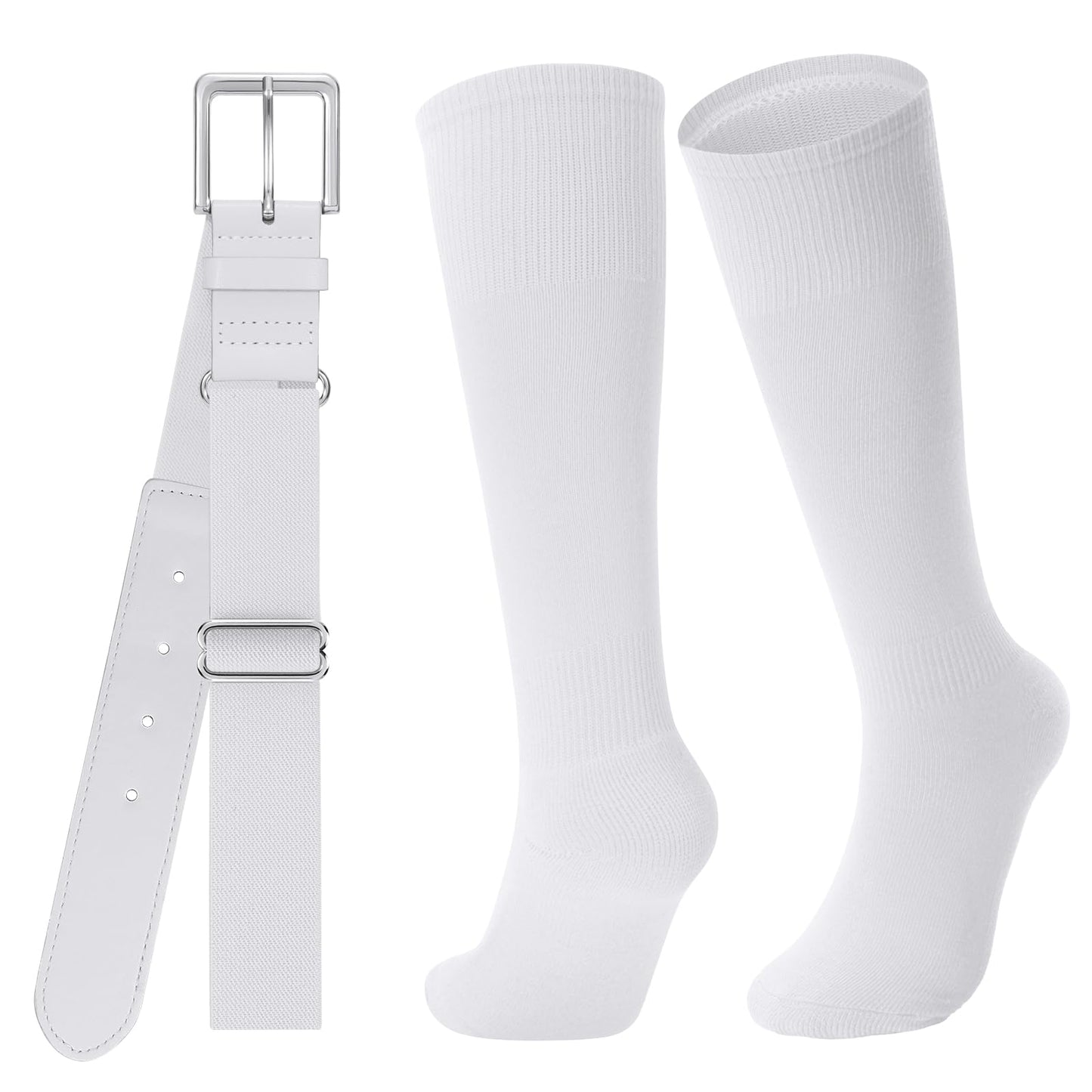 JASGOOD Baseball Socks and Belt for Youth Adult Softball Socks and Belt Combo Elastic Belt for Men, White