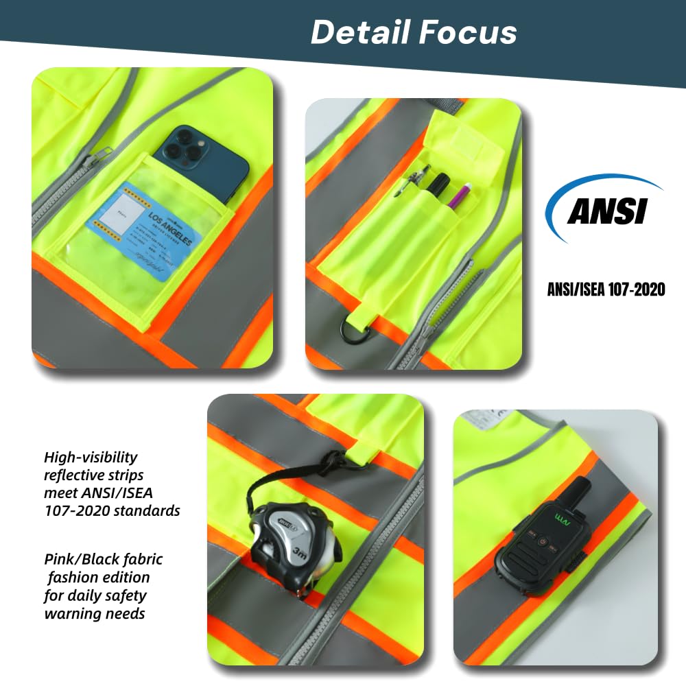 IDOU Black Hi Vis Safety Vest for Security Men Women, Reflective Work Vest with 8 Pockets, Zipper & Breathable Mesh/L