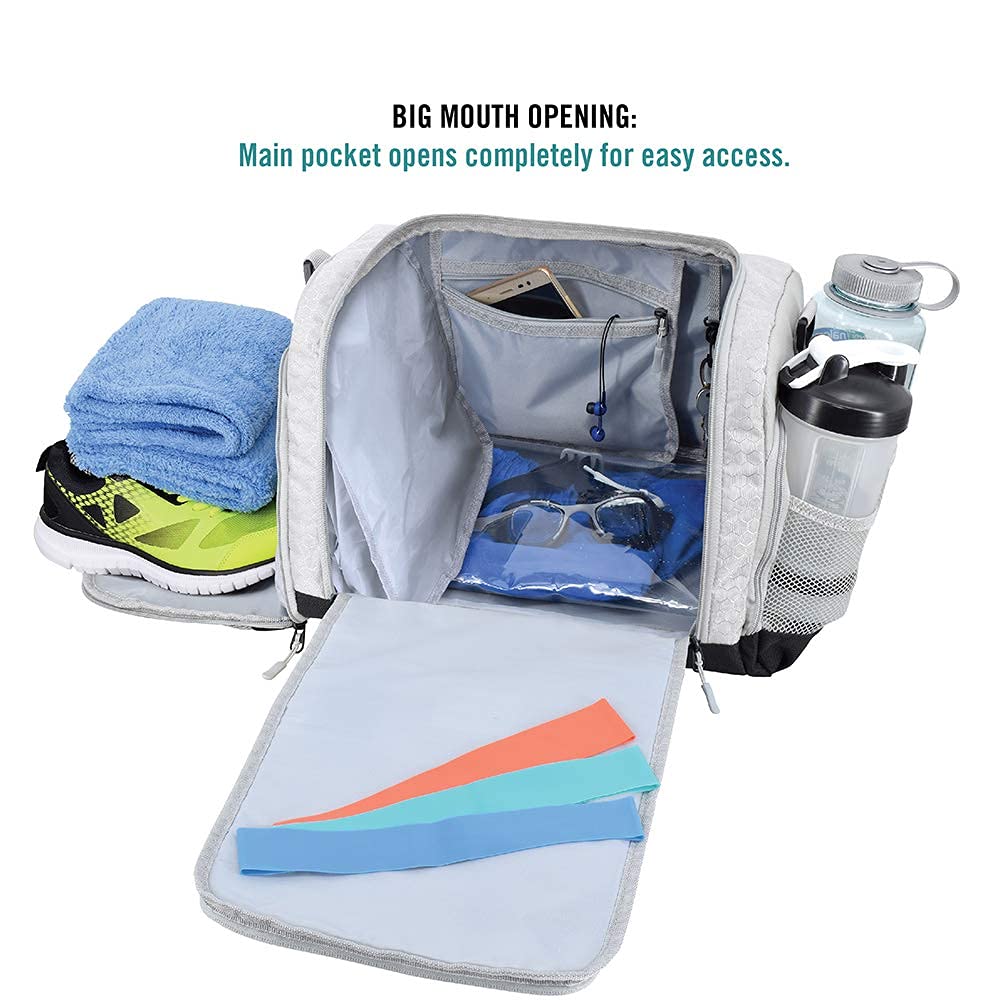 Ultimate Gym Bag 2.0: The Durable Crowdsource Designed Duffel Bag with 10 Optimal Compartments Including Water Resistant Pouch (Silver, Small (15"))