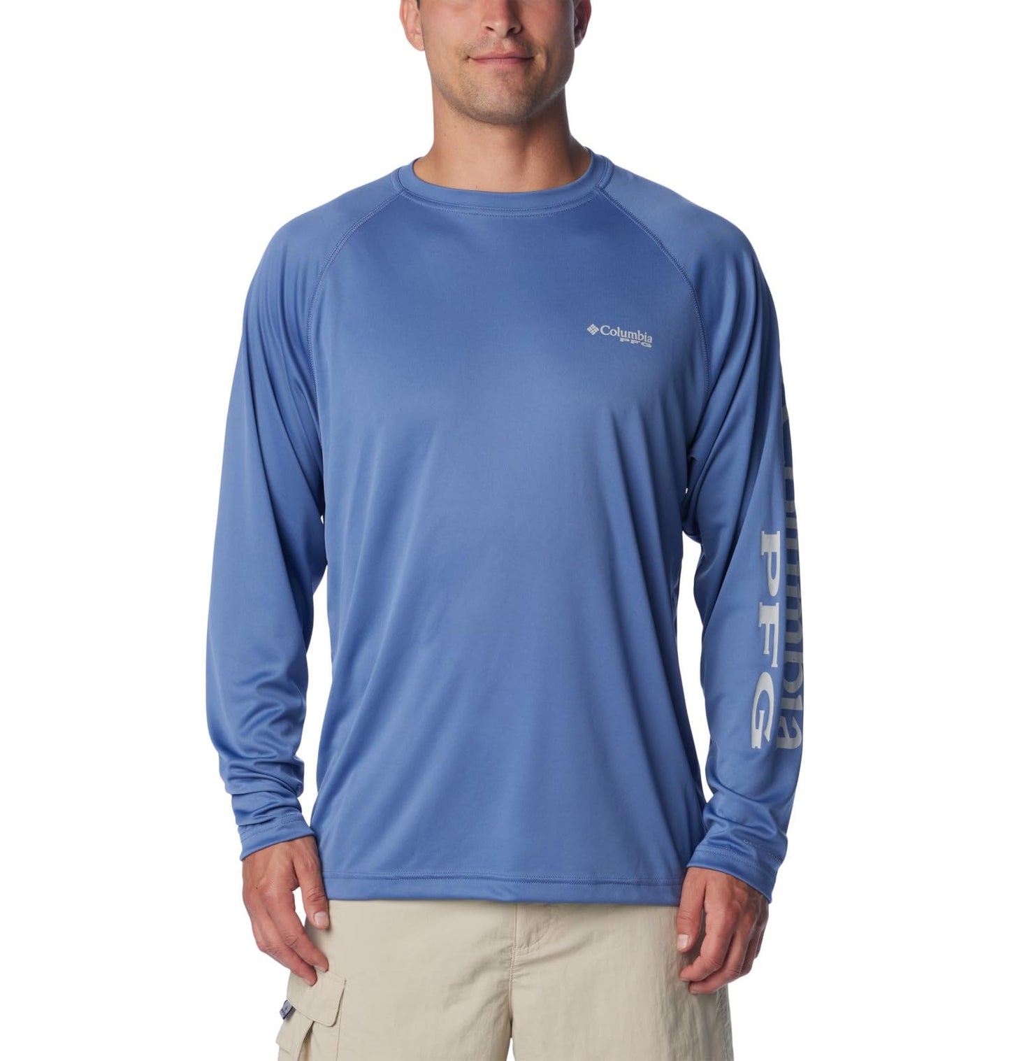 Columbia Men's Terminal Tackle Long Sleeve Shirt, Bluebell/Cool Grey Logo, Large Tall