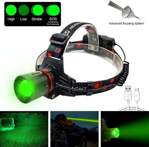 LUXNOVAQ Rechargeable Green Light Headlamp, Ultra-Bright LED Hunting Headlamp, Zoomable Waterproof Tactical Headlight with 3 Modes, 90° Adjustable Green Light for Night Hunting, Fishing, Camping