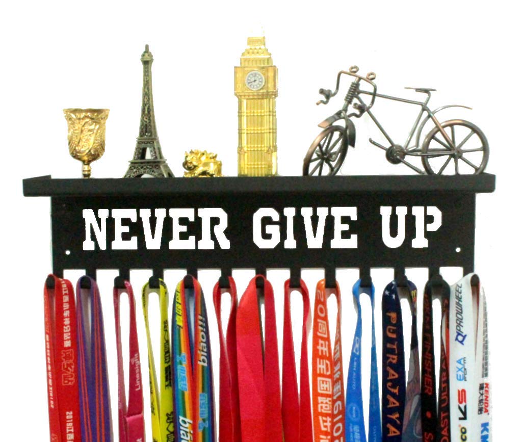 URBN BY MODERN HOME FINISHINGS Never Give Up Sports Awards Medal Hanger Display, 3" Trophy Shelf Medal Holder with Hooks, Easy Install Wall Shelf and Ribbon Holder Wall Shelf (Black)