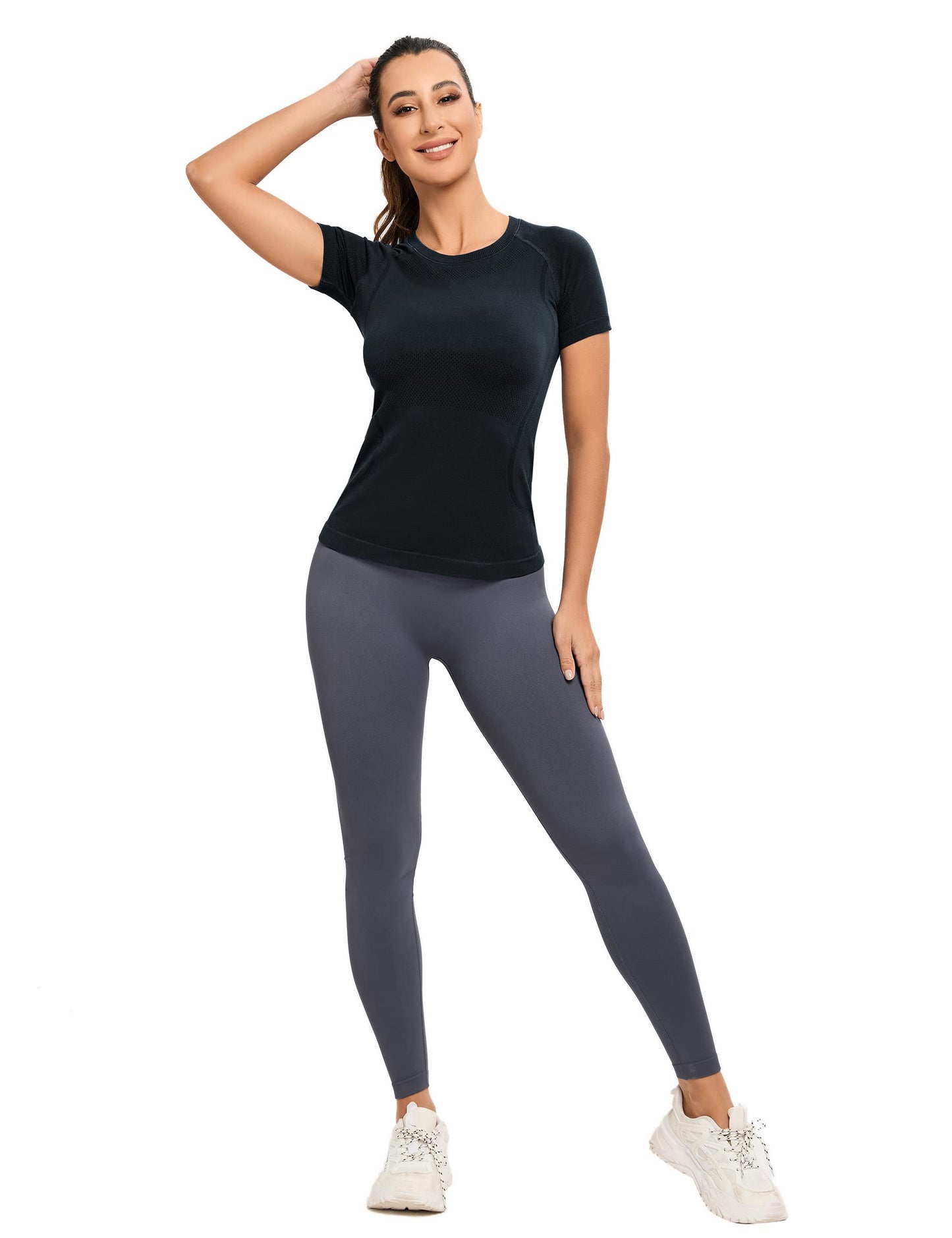 MathCat Seamless Workout Tops for Women, Short Sleeve Compression Athletic Shirts Soft Yoga Gym Tops XS-XL Black